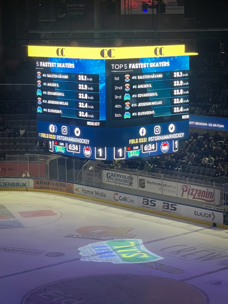 Jumbotron screen in the dimly lit Storhamar arena is showing five fastest players