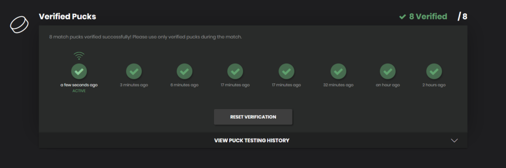 A screenshot of the puck verification tool in the Wisehockey webportal