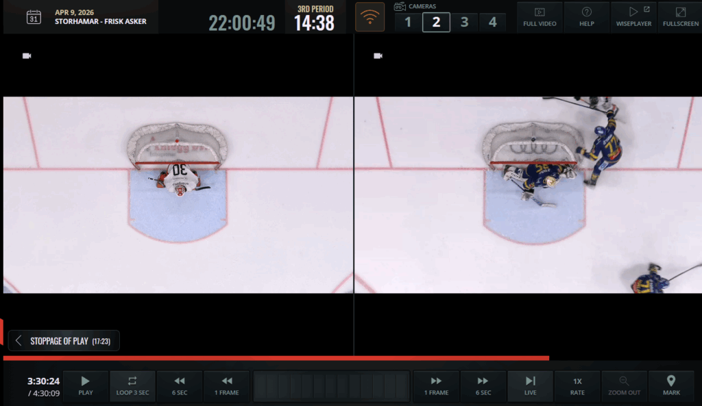 Bird-eye view of the two goalie zones of a game is shown in a user interface for checking the puck's goal line crossing.